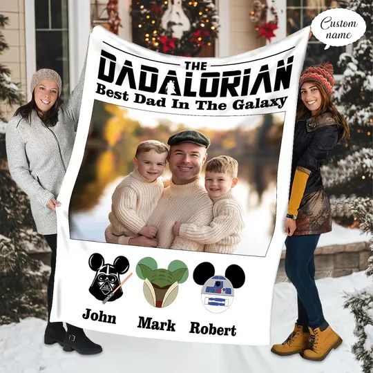 Personalized The Dadalorian With Star Wars Characters Fleece Blanket, Star Wars Fathers Day Photo Blanket, Gift For Father's Day