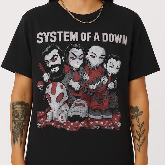 Discover SYSTEM OF DOWN Chibi T-Shirt - SOAD Cartoon Band Tee - Funny Metal Fan Art Shirt - Unisex Alternative Rock Merch for Fans