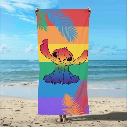Discover Disney Stitch Rainbow Beach Towels, Pride Month Beach Towel, LGBTQIA Right Gift, Gay Pride Towel