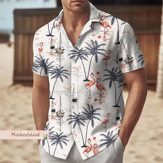 Discover Flamingo Coconut Hawaiian Shirt, Bird Tropical Summer Shirt, Animal Button Up Shirt, Flamingo Shirt For Men