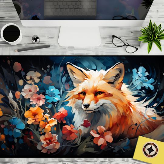 Large Japanese Red Fox Desk Mat with Botanical