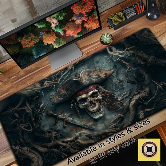 Discover Pirate Skull Gaming Desk Mat with Ancient Map Design and Forest Vines
