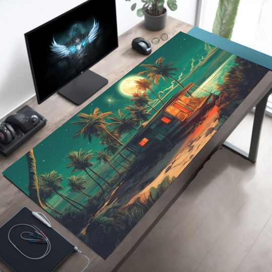 Retro Hippy Malibu Beach Desk Mat with Full Moon, Starry Sky, and Palm Trees