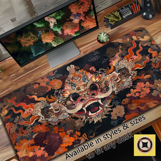 Indonesian Barong Mask Desk Mat - Balinese Traditional Batik Pattern Mouse Pad