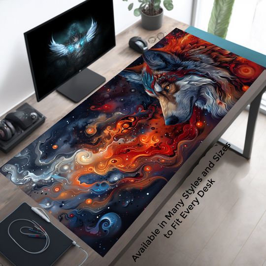 Native American Spirit Animal Wolf Desk Mat, Gaming & Decor Accessory