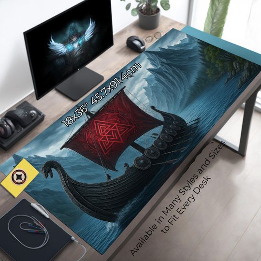 Discover Viking Longboat Desk Mat with Red Sail, Gaming Mousepad, Norse Table Decor