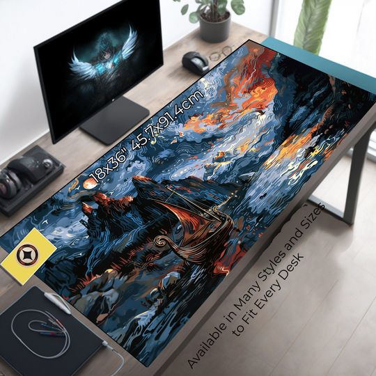 Viking Desk Mat, Longboat Passing Through Fjord, Mouse Pad, Gaming Playmat, Laptop Mat