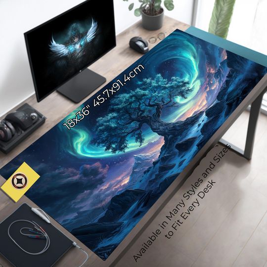 Discover Yggdrasil and Northern Lights Desk Mat Mousepad - Viking Inspired Nordic Desk Decor
