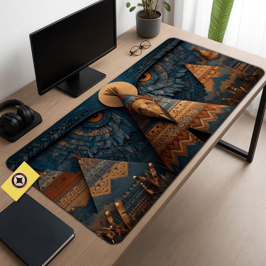 Discover Tribal Spirit Owl Desk Mat – Native-Inspired Boho Desk Decor, Rustic Blue & Copper
