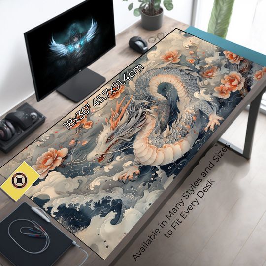 Discover Japanese Dragon Desk Pad - Lotus Dragon Mouse Mat - Fantasy Desk Mat