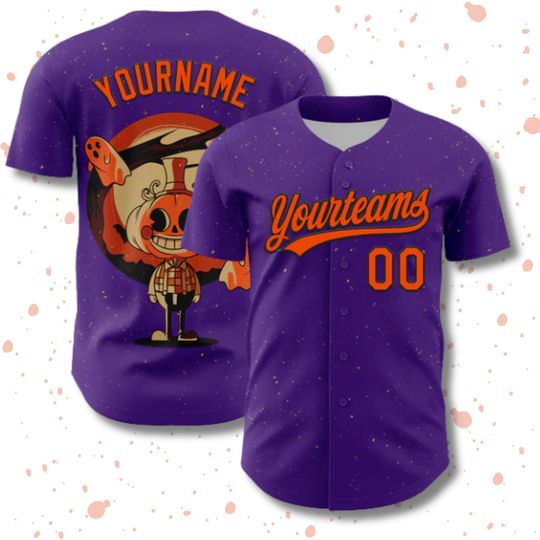 Discover Custom Halloween Baseball Jersey: Purple Pumpkin Ghost Costume Shirt