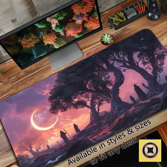 Fantasy Druid Ceremony Moon and Trees Gaming Desk Mat for TCG and PC Gaming