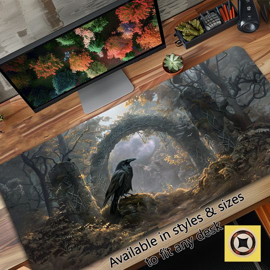 Discover Viking Raven Gaming Playmat Desk Mat Mousepad Featuring Black Raven Sitting By Ancient Arch and Rune Stones