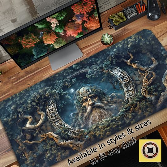 Discover Ancient Viking Gaming Desk Mat Mousepad Featuring a Viking King Appearing in a Portal of Runes Surrounded by Vines and Moss