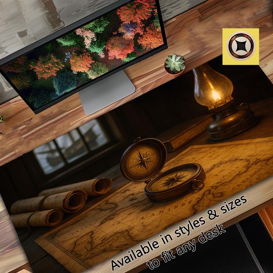 Discover Vintage Pirate Desk Mat - Nautical Compass, Map, and Lantern Office Decor