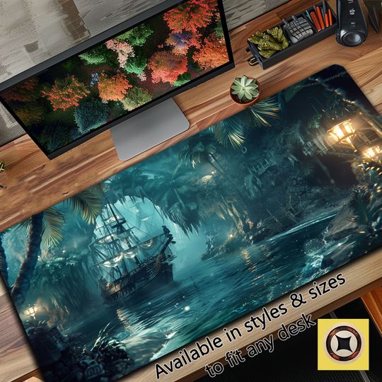 Discover Gaming Playmat Desk Mat, Pirate Ship in a Lovely Secluded Cove, Turquoise Waters, Blue Glow, Mysterious Location
