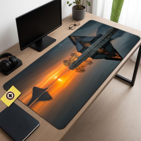 Discover Viking Church Sunset Desk Mat: Nordic Landscape Mouse Pad