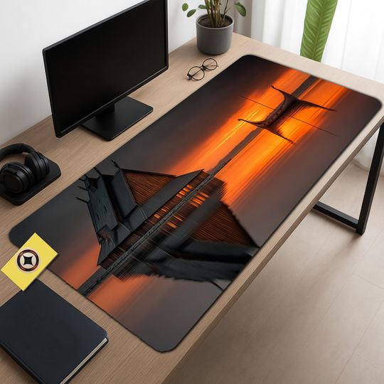 Viking Sunset Desk Mat: Nordic Longhouse & Longship Gaming Mouse Pad