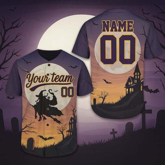 Flying Witch Halloween Baseball Jersey Custom Name & Team 3D Haunted House Shirt