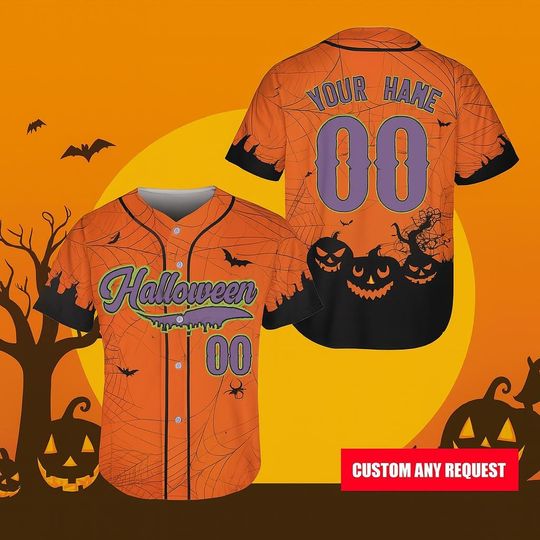 Discover Orange Halloween Baseball Jersey Custom Name & Number 3D Pumpkin Spider Web Shirt