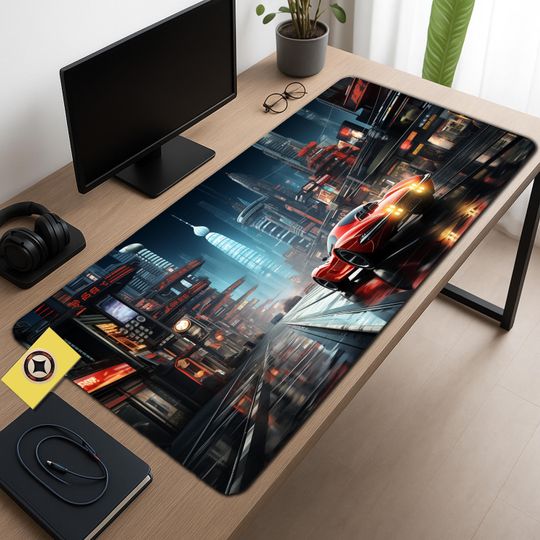 Cyberpunk Sportscar Desk Mat - Neon City Time