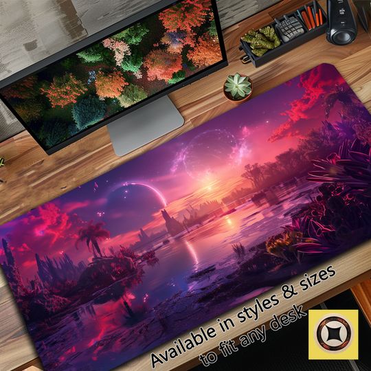 Neon Celestial Fantasy Swamp and Jungle Desk Mat, Gaming Mousepad