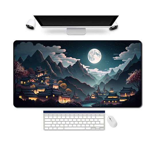 Discover Fantasy China Desk Mat, Chinese Mountain & Village Mousepad, XL Desk Decor for Home & Office
