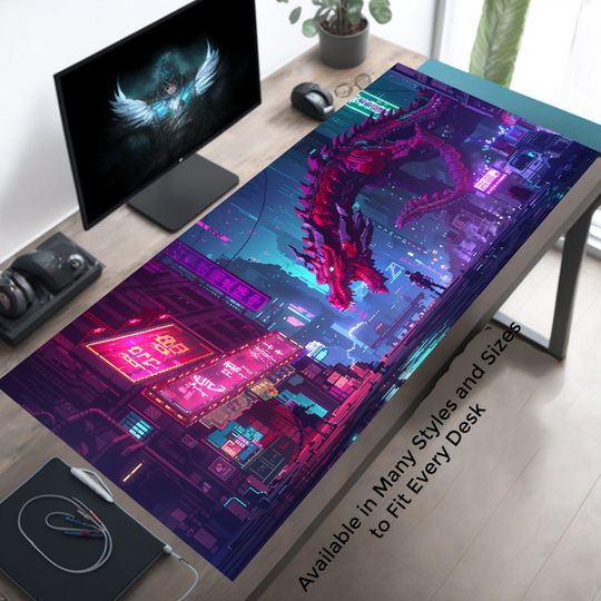 Pixelart Cyberpunk Tokyo & Cyberdragon Fantasy Gaming Desk Mat Mousepad