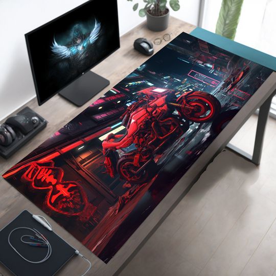 Cyberpunk Gaming Desk Mat, Motorcycle Mousepad, Anime Mouse Pad, Gamer Gift for Boyfriend