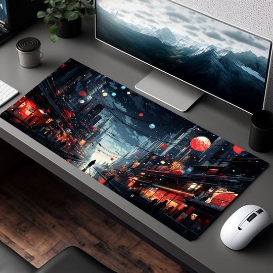 Dark Cyberpunk Streets of Tokyo Desk Mat, Large Gaming Mouse Pad