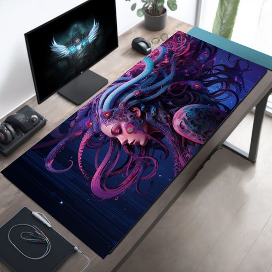 Discover Cyberpunk Desk Mat, Technological Futuristic Medusa Gaming Mousepad