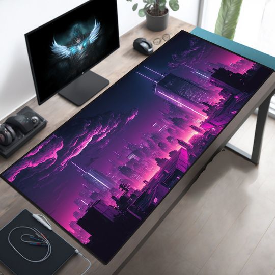 Cyberpunk Los Angeles, Retrowave Mousepad, Gamer Desk Setup, Gaming Mousepad XL, Gaming Desk Mat, Gaming Desk Pad XXL