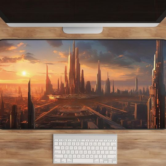 Discover Futuristic Space City Desk Mat - Sci-Fi Inspired Mouse Pad with Light Orange & Bronze Colors, Gaming Desk Mat Gift