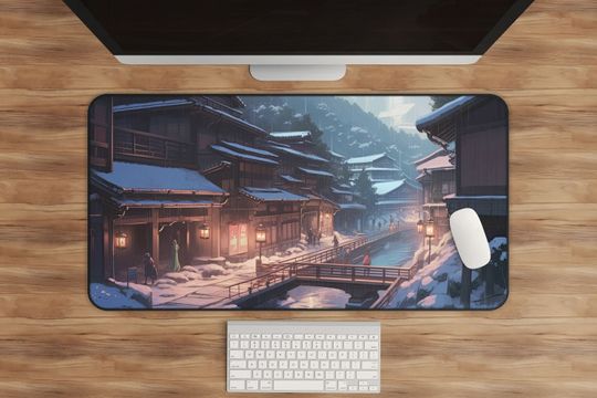 Anime Desk Mat, Ginzan Onsen Winter Village, Japanese Landscape Mousepad