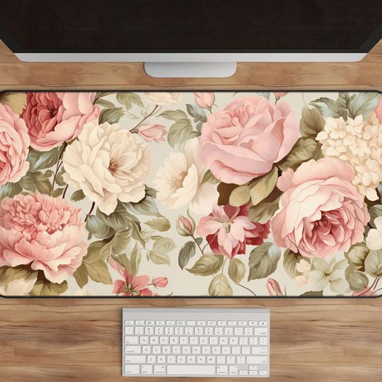 Discover Floral Desk Mat - Add a Splash of Vintage Elegance with this Pink Roses & Green Leaves Mousepad