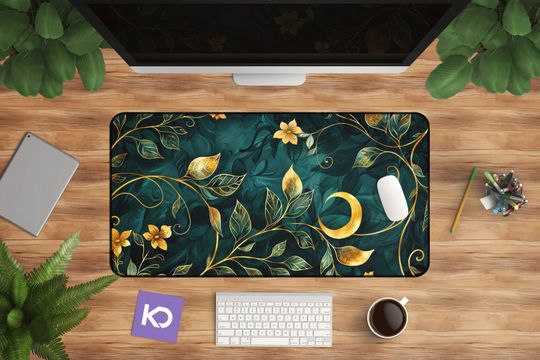Discover Floral Desk Mat: Green & Gold Botanical Mouse Pad
