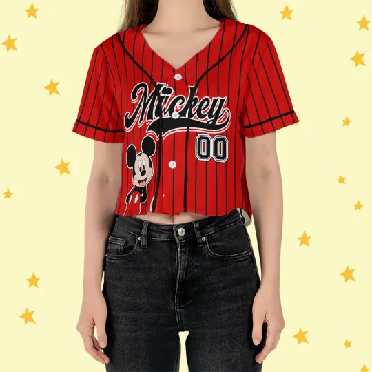 Personalized Cute Mickey Mouse Black Red Striped Crop Top Baseball Jersey