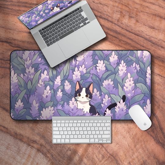 Discover Pastel Purple Lofi Desk Mat, Anime Cat Kawaii Gaming Mouse Pad