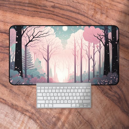 Discover Pink Kawaii Desk Mat, Cute Enchanted Forest Mouse Pad