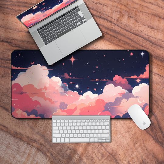 Discover Navy Blue Desk Mat with Kawaii Cloud and Night Sky Theme