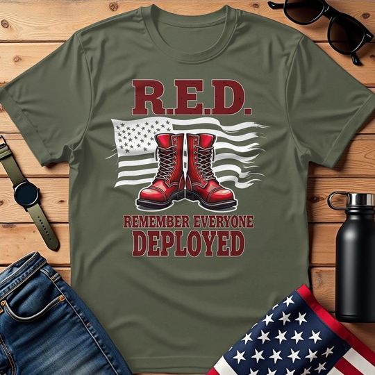 Discover Remember Everyone Deployed Shirt, RED Military Veterans Shirt, Patriotic Shirt Men