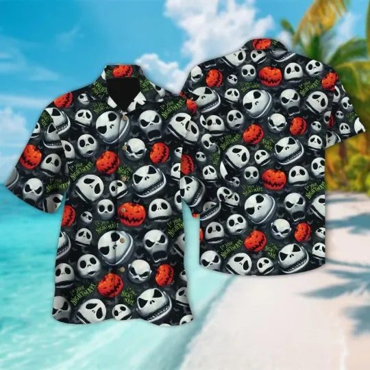 Discover Horror Jack Skellington Face Halloween Pumpkin Spooky Season Hawaiian Shirt