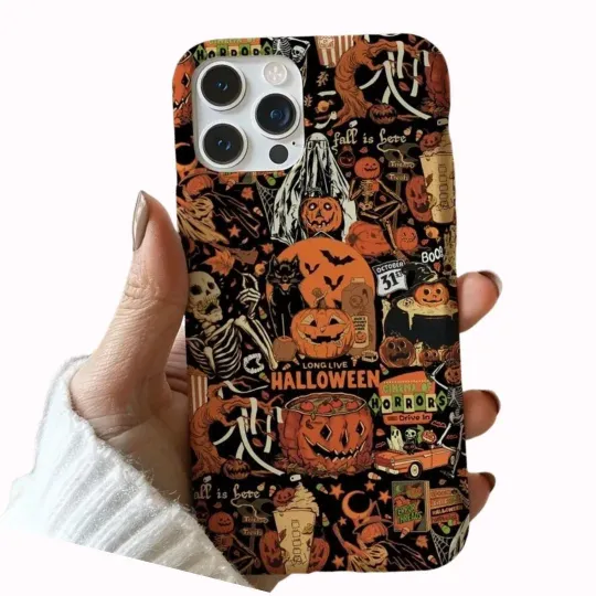 Discover Vintage Halloween Collage iPhone Case, Retro Pumpkin Skeleton Spooky Phone Cover