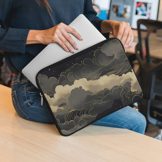 Discover Celestial Cloudscape Laptop Sleeve Black & Gold Astrology Design