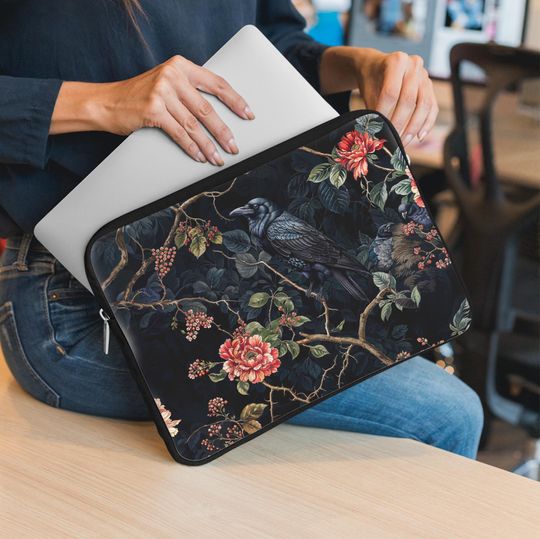 Gothic Laptop Sleeve, Dark Academia & Botanical Design, Vintage Raven Case for Work & Study
