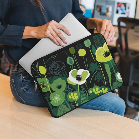 Boho Floral Laptop Sleeve - Sage Green Scandinavian Design