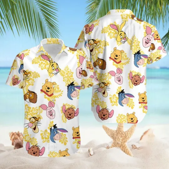 Discover Pooh Bear & Friends Face Winnie The Pooh Tropical Floral Summer Hawaiian Shirt