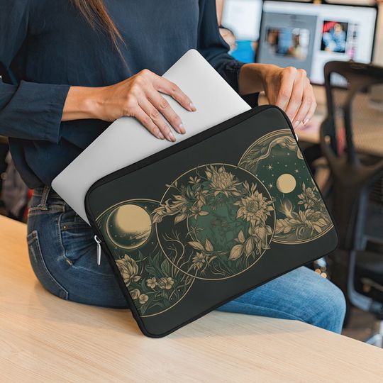 Discover Celestial Laptop Sleeve - Moon Phases, Art Nouveau Witch Aesthetic, Green Dark Academia