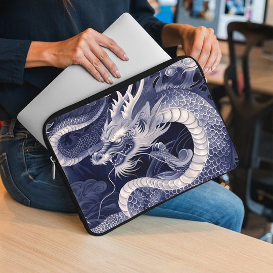 Discover Monochrome Dragon Laptop Sleeve - Stylish Tech Protection with Japanese Flair for Artists and Enthusiasts