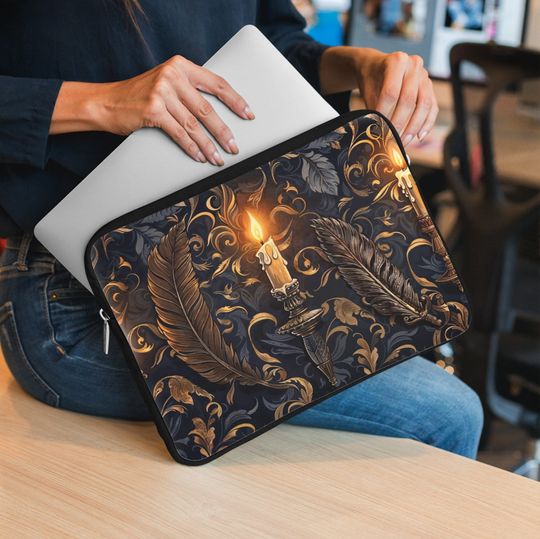 Gothic Laptop Sleeve - Luxury Antique Style Computer Protector with Candle & Feather Design, Baroque Laptop Case Accessory